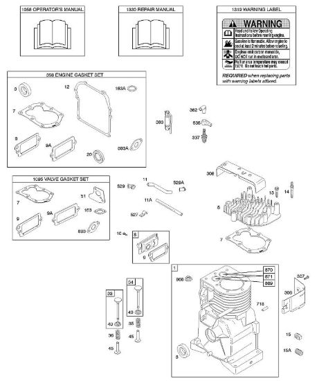 D - Albero a camme, cilindro, testata, set guarnizioni, manuale per l'uso, manuale riparazioni, etichetta di avvertenza B&S - 09 €¦ 091212-1230-B1 brand Stihl
